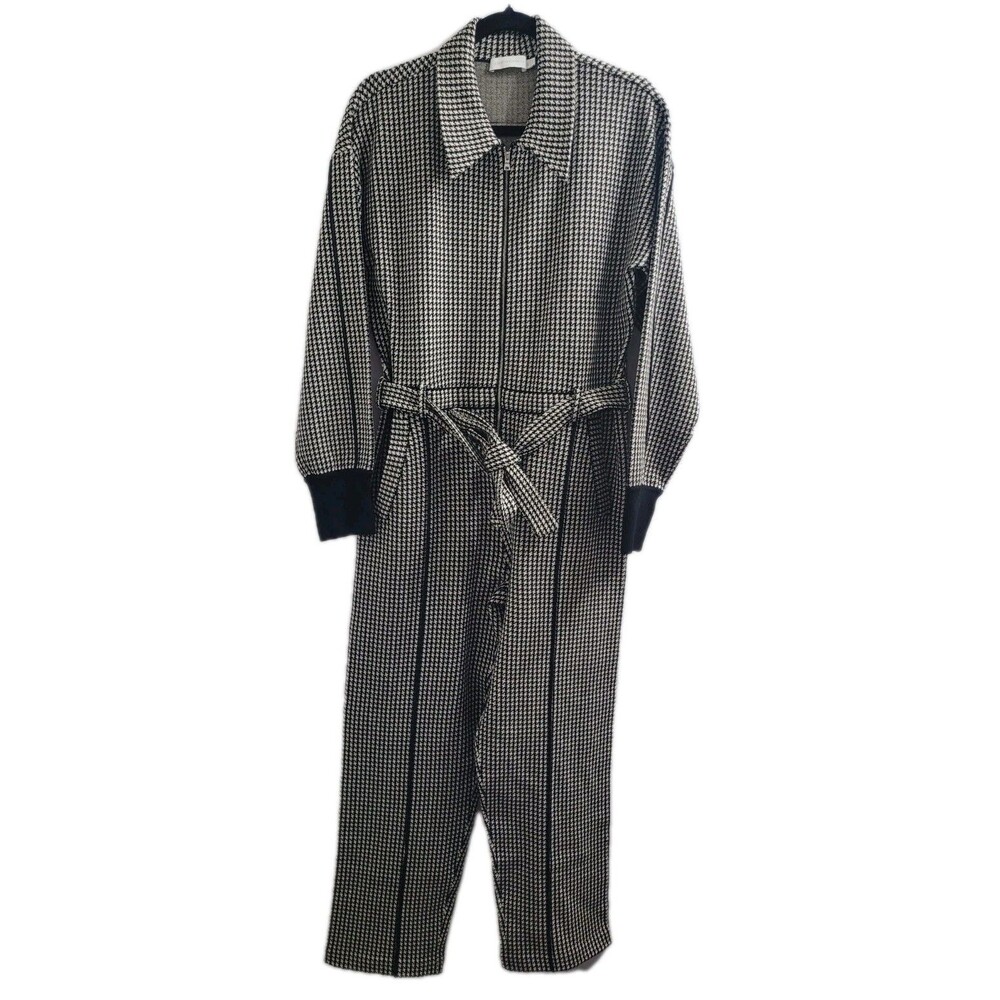 Jonathan Simkhai Annabelle Houndstooth Knit Jumpsuit Belted Zip Front Pockets M